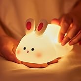 NesveCit Big Face Rabbit Night Light, Adorable LED Bunny Night Lamp, Silicone Dimmable Nursery Nightlight for Girls, Silicone Rechargeable Bedside Touch Night Lights for Easter Decor
