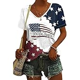Women's V-Neck America Flag Patriotic T-Shirt Summer 4th of July Independence Day USA Star and Stripes Graphic Tees
