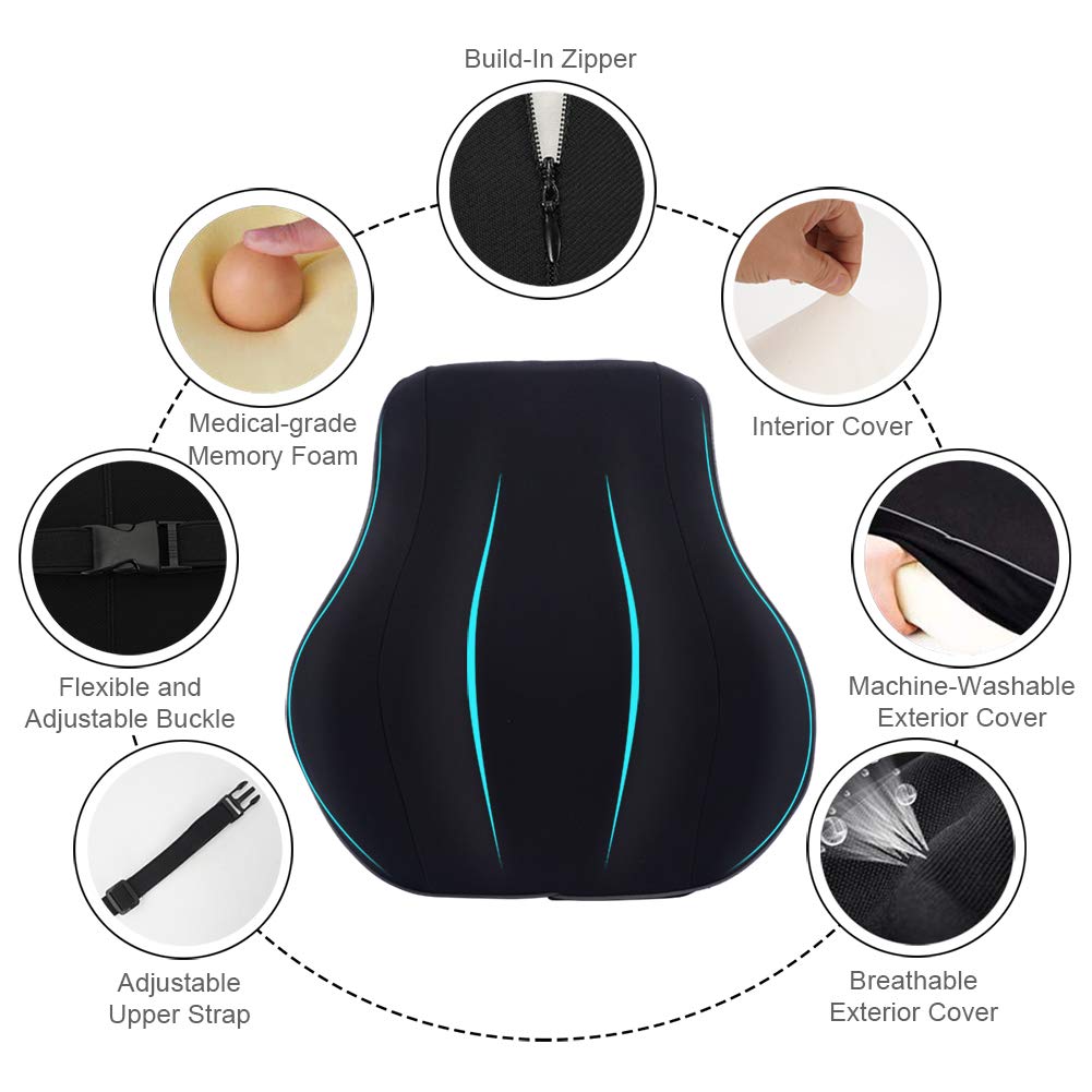 HONGJING Ergonomic Lumbar Support Pillow for Office Chair, Premium Memory Foam Back Cushion for Lower Back Pain Relief, with Breathable Mesh Cover for Car Seat, Wheelchair, Recliner