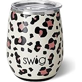 Swig Life 14oz Stemless Wine Cup, Insulated Wine Tumbler with Lid, Stainless Steel Travel Tumbler (Luxy Leopard)