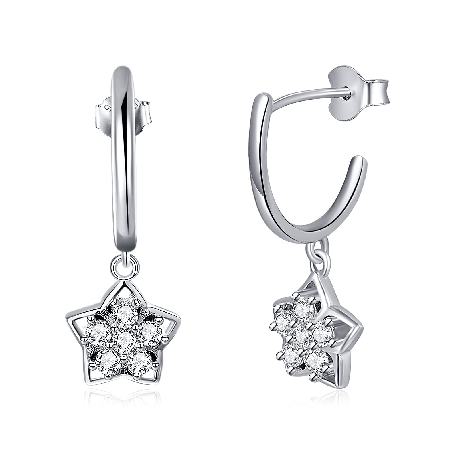 Sparkly Star Drop Earrings 925 Sterling Silver Cubic Zirconia Flower Studs Earrings Dainty Hypoallergenic Jewellery Birthday Gifts for Her Women Girls Kids