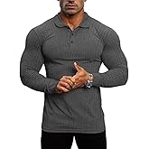 Lehmanlin Men's Stretch Muscle Shirts Long/Short Sleeve Cotton T Shirts Slim Fit Polo Shirt