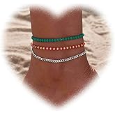Crymystal Bohemian Layered Turquoise Anklet for Women Retro Color Beads Ankle Bracelets Silver Anklet Chain Bracelet Summer Beach Foot Ankle Chain Jewelry for Girls Gifts