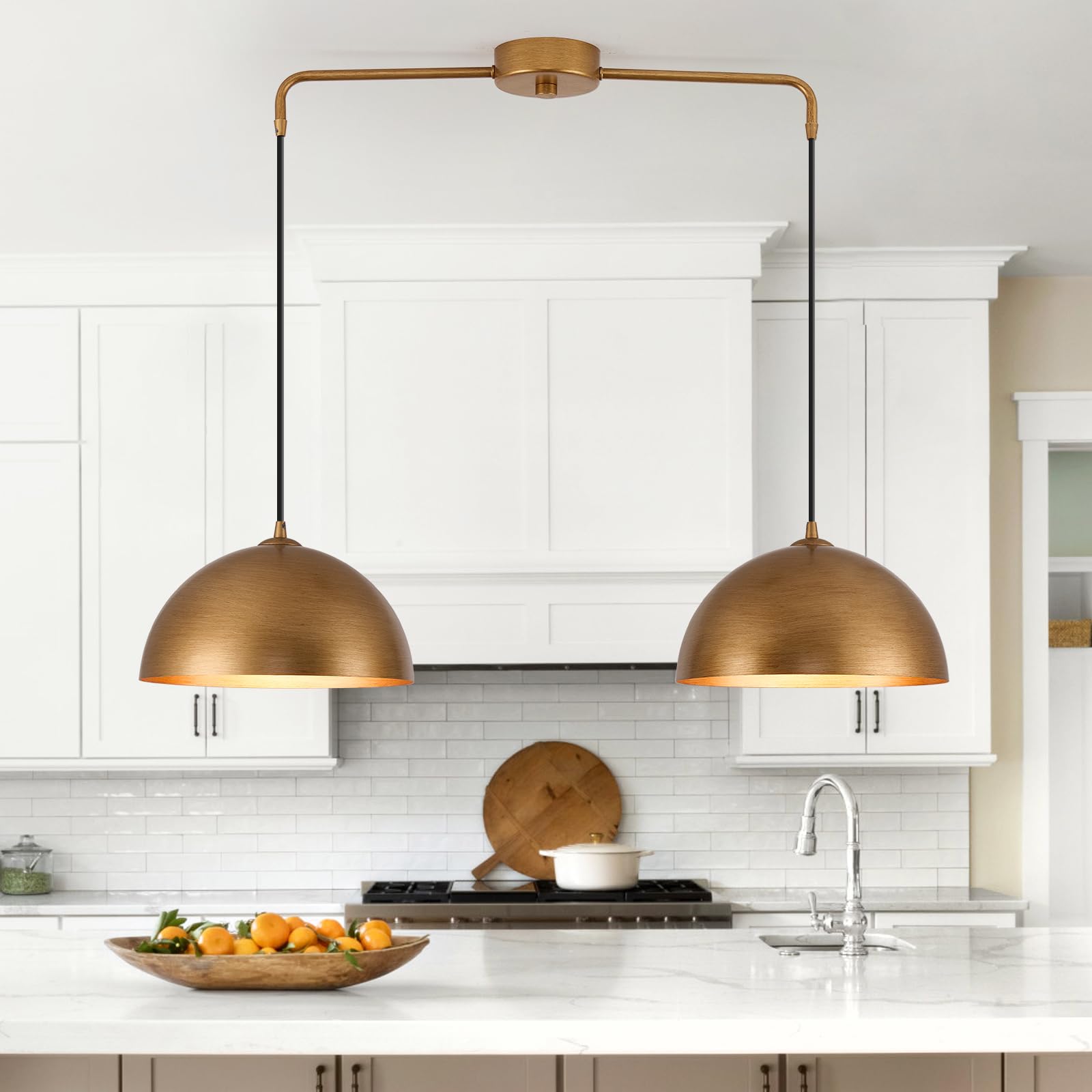 Photo 1 of 2-Light Pendant Lights Kitchen Island, Gold Metal Dome Shade Pendant Light, Kitchen Pendant Lighting Over Island, Adjustable Height Hanging Light Fixture for Farmhouse Dining Room Kitchen Cafe