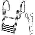 Hoffen 4 Step Pontoon Boat Ladder, Stainless Steel Telescoping Folding Ladder with Pedal and Safe Handrails