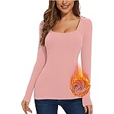 WOWENY Women Thermal Long Sleeve Shirt Fleece Lined Basic Fitted Tops Lace V Neck Undershirts Winter Tight Base Layer