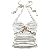 Milumia Women's Starfish Tie Backless Halter Top Textured Ruched Sleeveless Y2k Summer Tops