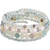PEARL&CLUB Bead Crystal Wrap Bangle Bracelet - Fashion Jewelry Beaded Bracelet with Silver Metal, Gifts for Women