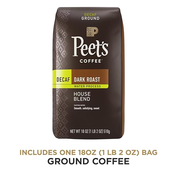 PEET’S COFFEE, DARK ROAST GROUND COFFEE – DECAF HOUSE BLEND 18 OUNCE BAG