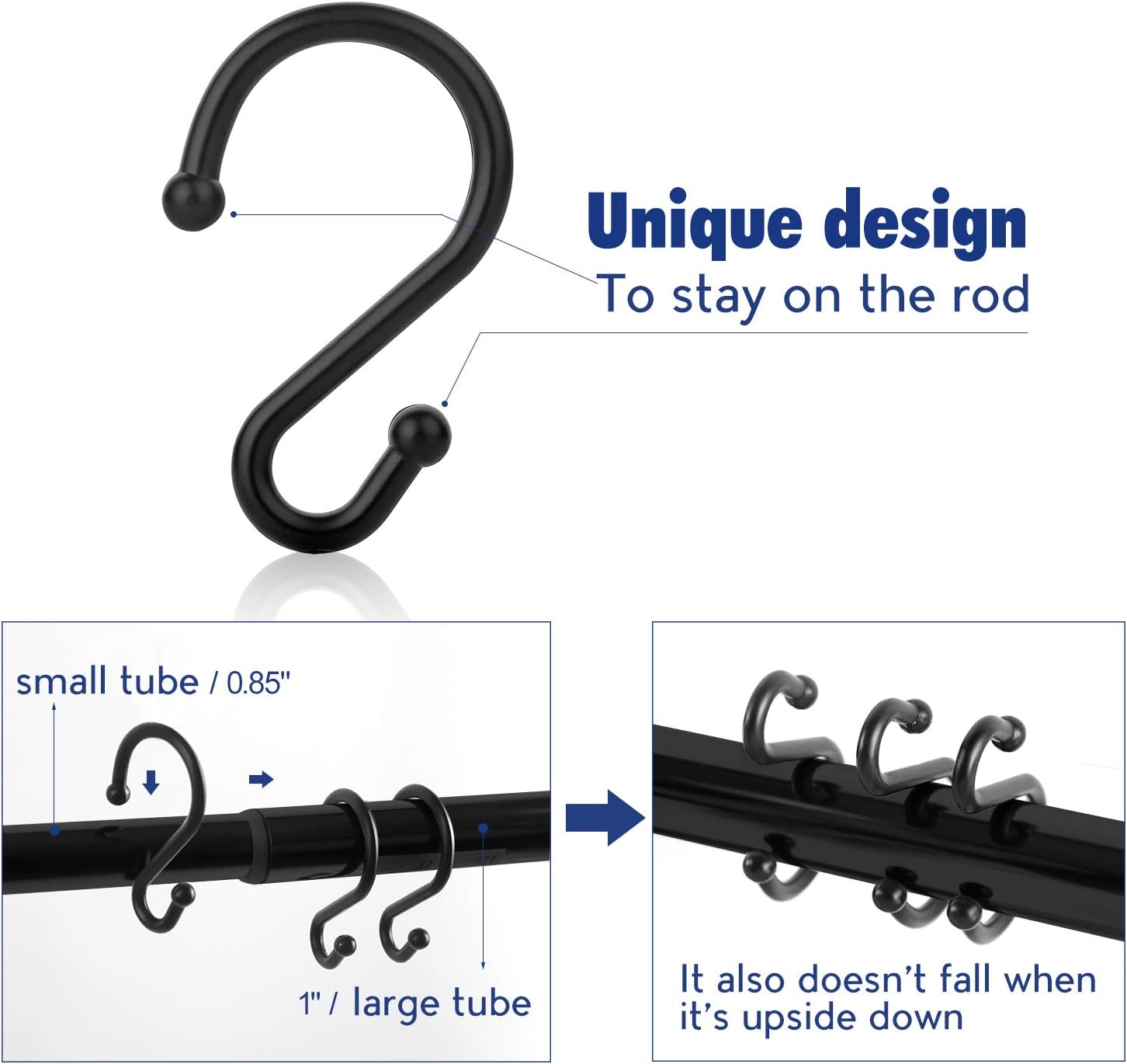 Metal Shower Curtain Hooks，Set of 12 Rings，Rust Resistant S Shaped Hooks Hangers for Shower Curtains, Kitchen Utensils, Clothing, Towels, etc. (Black): Home & Kitchen