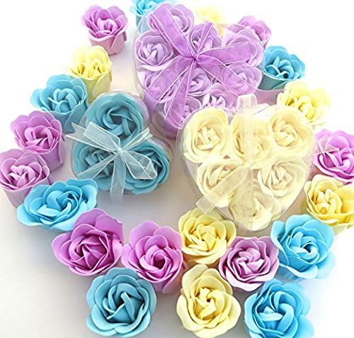 Rose gift, Charming Rose Scent Bath Bomb, 18 Colorful Rose Flower with Heart Gift Box. 9 Purple+6 Yellow+3 Bule