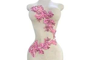 XZG.BEATAL Handmade Rhinestones Bodice lace Applique handsewing Beads Sequins Trim Patches for Dress Clothes Accessories one Set/Bag 5.5X14inches (Pink)