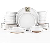 AmorArc 24 Pieces Ceramic Dinnerware Sets for 6, Handpainted Plates and Bowls Set with Rustic Terracotta Underside, Scratch Resistant Stoneware Dishes Set, Dishwasher & Microwave Safe, White