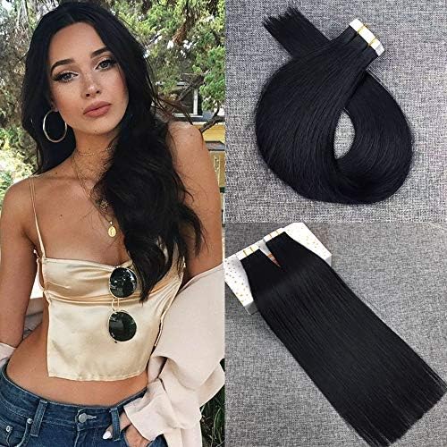 Reysaina 14inch Black Tape in Hair Extensions Human Hair Color #1 Jet Balck Seamless Human Hair Extension Tape in Extensions