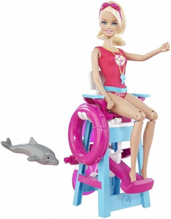 New Girls Gift Barbie I Can Be Lifeguard Doll Playset 2010 T9560 Doll Dolphin Chair Stand NEW