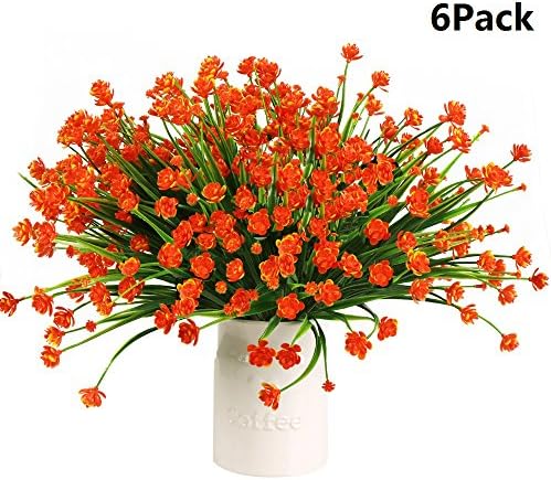 6Pack Artificial Flower Fake Daffodils Orange Red Fake Flower Greenery Shrubs Plants Plastic Bushes Indoor Outside Decor