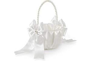 Happyiren Wedding Flower Girl Basket - Elegant Pearl Handle with Bow Decoration, Ivory Color - 5.1" Diameter, Perfect for Flower Girls, Weddings, and Parties