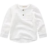 Ashmyova Boys Cotton Linen Shirt Toddler Boys Button Up Pocket Long Sleeve Blouse Dress Shirts Fall Tees Tops
