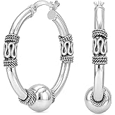 LeCalla 925 Sterling Silver Bali Hoop Earrings for Women | Antique Balinese Beaded Hoop Earrings | Balinese Rope Pattern Click-Top Hoops Earring | Two-Tone Bohemian Tribal Bali Hoop Earrings