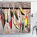 Ambesonne Fish Shower Curtain, Sets Bait Pattern on Rustic Boards Fishing Themed Photography, Cloth Fabric Bathroom Decor Set with Hooks, 69