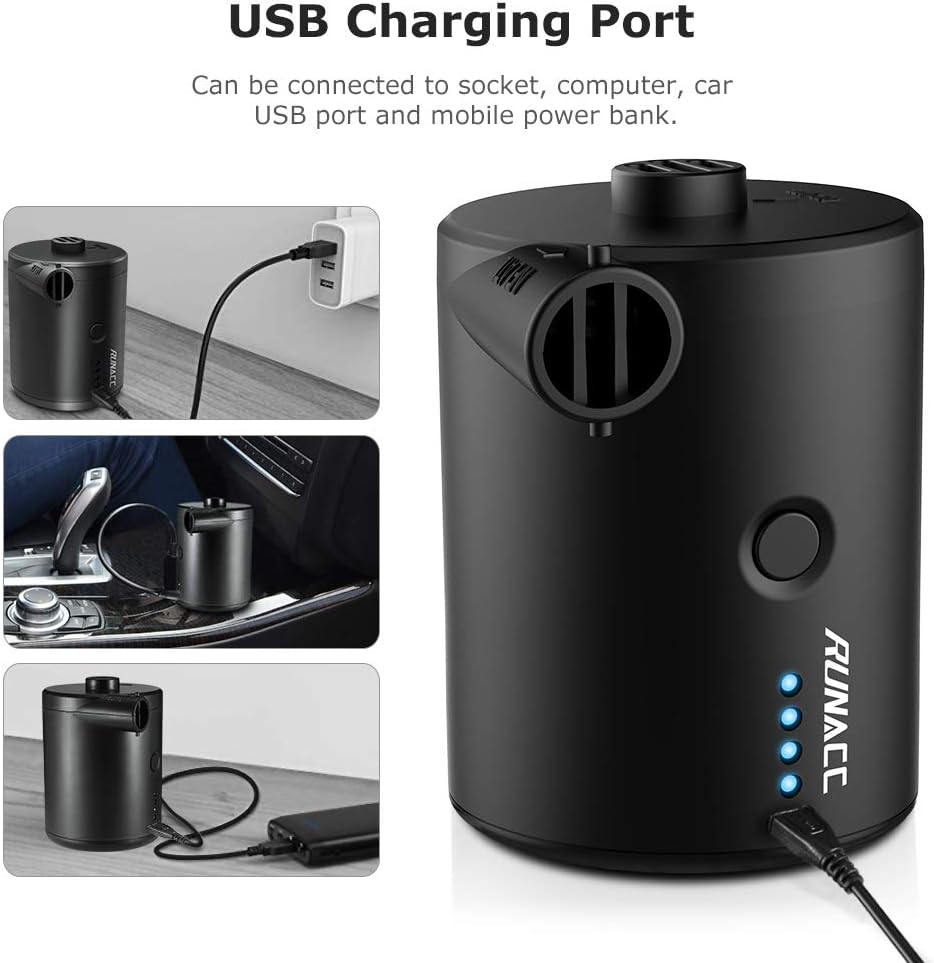 RUNACC Electric Air Pumps Rechargeable Battery Air Mattress Pump, Portable Quick-Fill Inflator/Deflator Pumps for Camping Inflatable Cushions, Air Mattress Bed, Air Sofa, Boat, Pool Toy, USB/4000mAh: Home & Kitchen