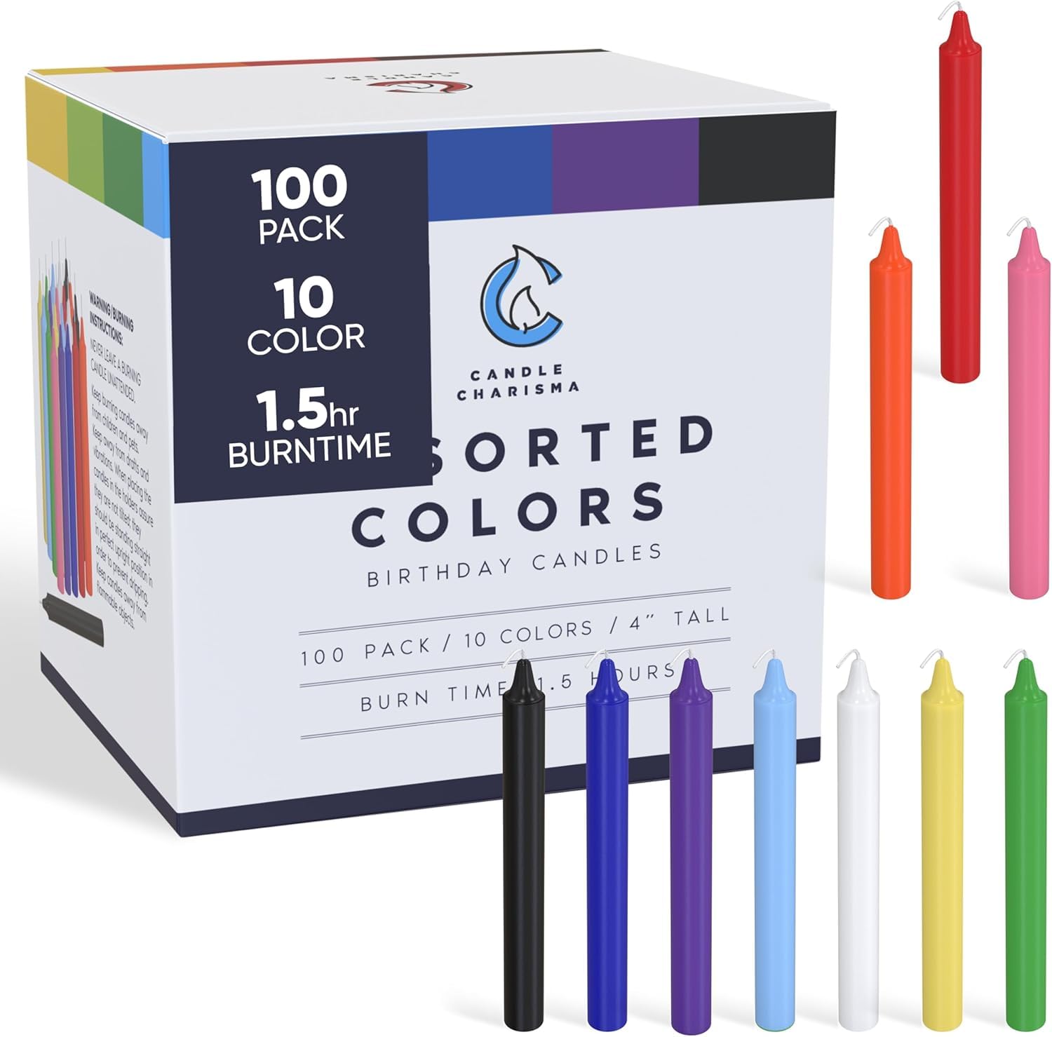 Candle Charisma 100 Multi-Colored Spell Candles - 4" Unscented Paraffin Chime Candles, Smokeless & Dripless, Colored Candles, Long Burn Time 0.43" Thick Taper Candles for Rituals,Birthdays and Parties