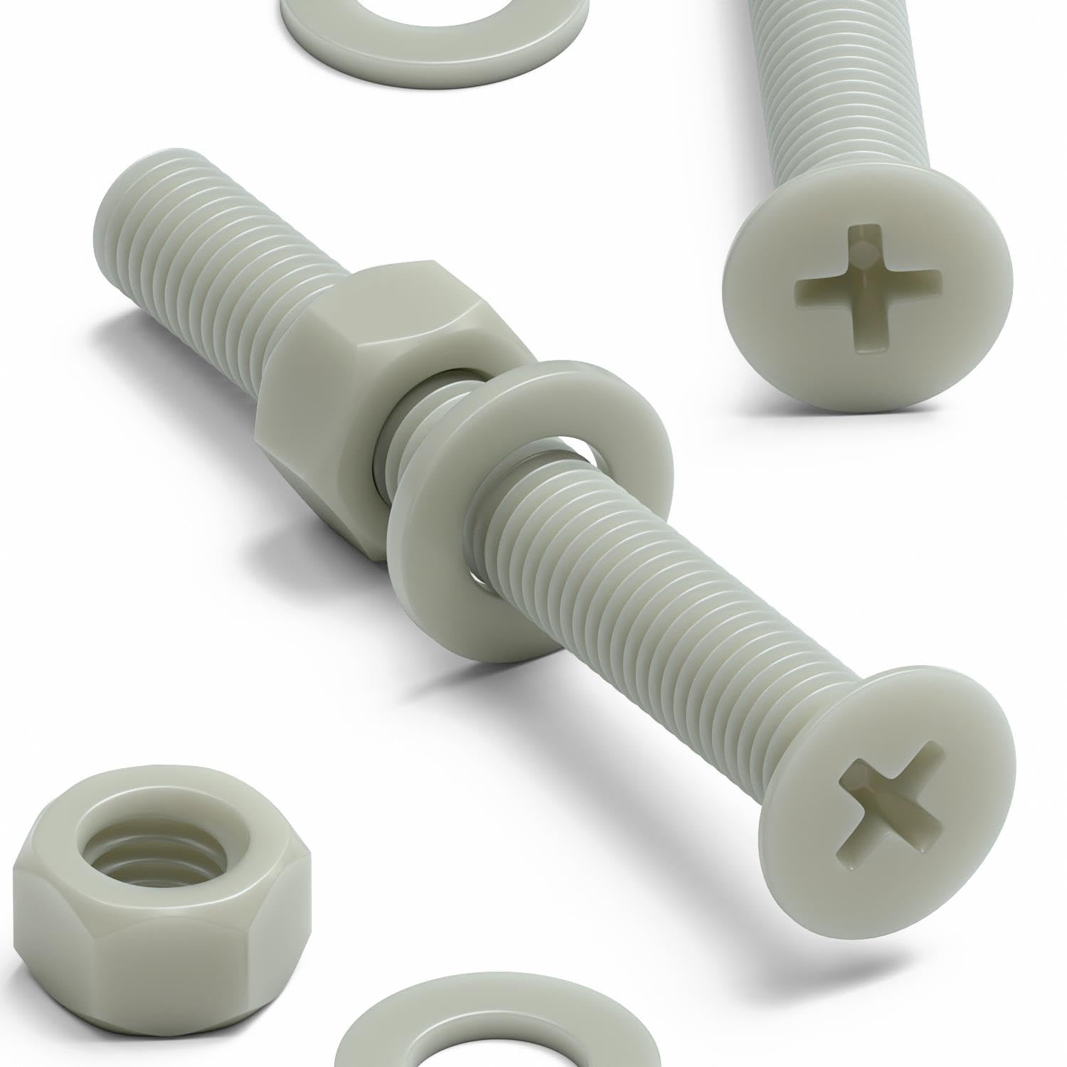 50 x Glass Filled Reinforced Super Nylon Countersunk Machine Screws, M5 x 40mm, Plastic Nuts and Bolts, Washers