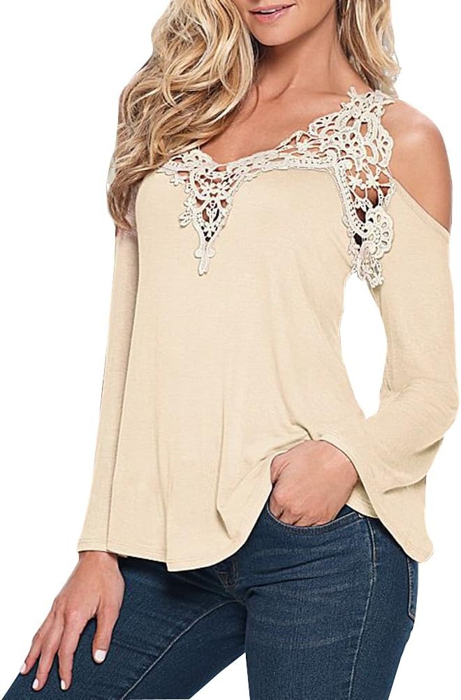 KAMA BRIDAL Women Off Shoulder Lace Crochet Long Sleeve Casual Blouse Tops