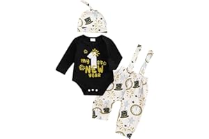 Karuedoo My First New Year Baby Boy Outfit Newborn Letter Print Long Sleeve Romper Suspender Pants Hat 3Pcs Sets