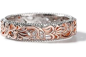 Jeulia Floral Ring Band Sterling Silver Two Tone Leaf Carved Vintage Unique Hollow Flower Rose Gold Jewelry Engagement Wedding Bridal Sets Stackable Anniversary Promise with Gift Box
