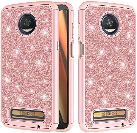 Moto Z3 Play Case, Ferlinso Sparkly Glitter Bling Hybrid Dual Layer Anti-shock Armor Protective Smartphone Cover Case for Moto Z3 Play (Rose Gold)