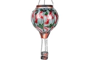 OUISJYER Hot Air Balloon Solar Lantern with Flickering Flame Hanging Solar Lanterns Outdoor Lights Waterproof Lanterns Decorative Garden Patio Yard Party Decor Hummingbirds&Red Flowers