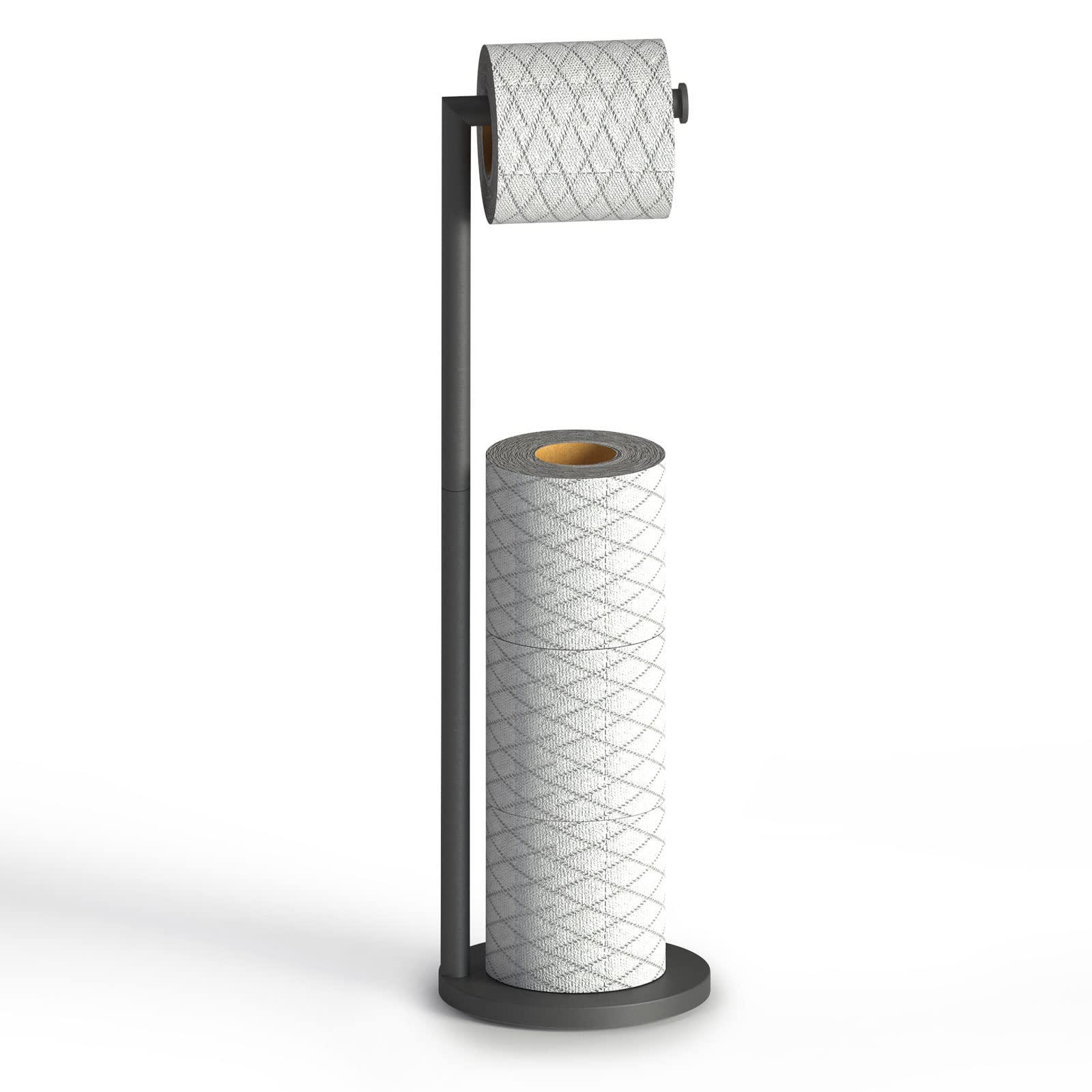 Top-spring Toilet Roll Holder Free Standing Toilet Paper Holder Stand with Reserve, Stainless Steel Anti Rust Freestanding Toilet Tissue Roll Dispenser Holds 3-4 Paper Rolls, Bathroom Storage (Black)