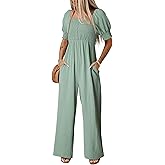 Dokotoo Jumpsuits for Women 2026 Summer Lantern Sleeves Rompers Wide Leg Casual Overalls with Pockets