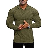 Lehmanlin Men's Stretch Muscle Shirts Long/Short Sleeve Cotton T Shirts Slim Fit Polo Shirt