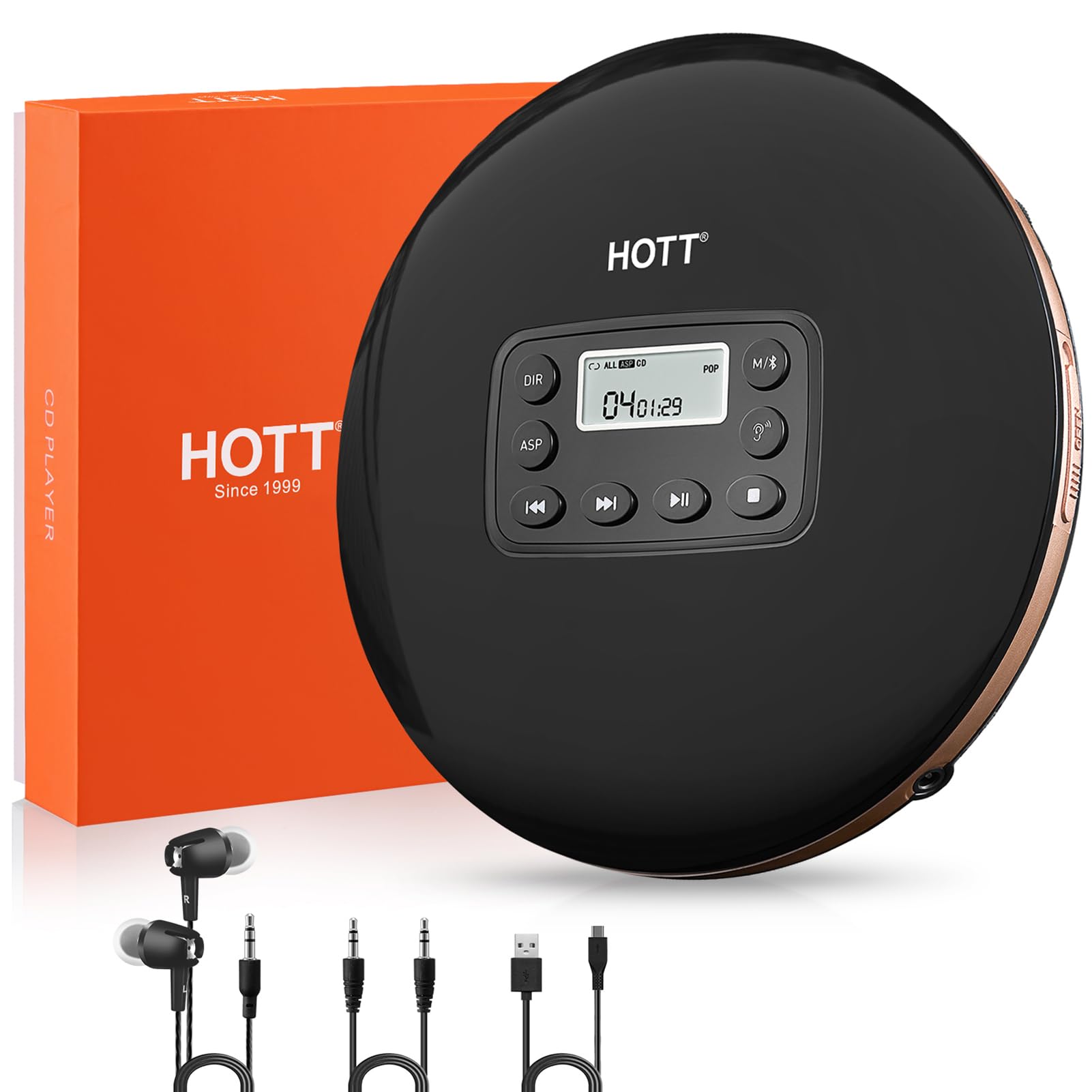 HOTT CD711T Bluetooth Rechargeable Portable CD Player for Home Travel and Car with Stereo Headphones and, Anti Shock Protection-Black