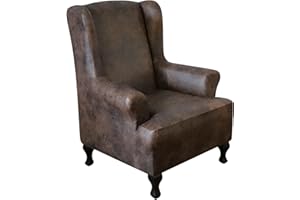 ANARACHON Leather Look Wingback Chair Cover 1 Piece Stretch Wing Chair Slipcovers Sofa Wingback Armchair Covers Furniture Protector with Elastic Bottom for Living Room Soft Spandex Fabric, Brown