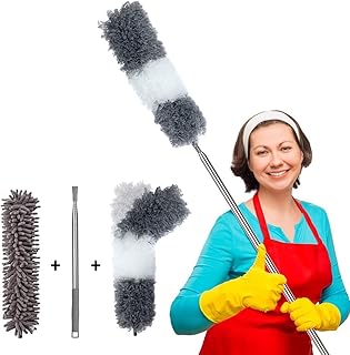 SAWAKE 2er Staubwedel mit 1 Telskopstange,Staubwedel Teleskopstiel Mikrofaser waschbar Staubwischer, Staubbesen mit verbiegbare Eckbesen Entfernt Mühelos Staub Spinnweben Extra lang 40-254cm