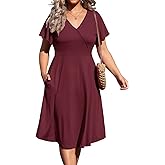 D.Q.RZhong Women's Plus Size V Neck Dress Short Ruffle Sleeve Casual Summer Waistline Tunic Midi Dress with Pockets