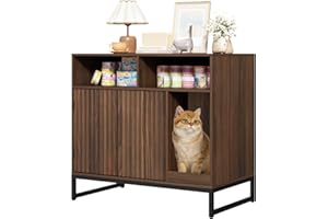 WINWY Cat Litter Box Enclosure, Large Hidden Pet Storage Cabinet Furniture with Waveform Fluted Doors & Scratching Pad, Modern Wooden Cat House Indoor for Washroom, Living Room, Bedroom, Rustic Brown