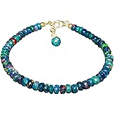 InfinityGemsArt Black Ethiopian Fire Opal Bracelet for Women, Natural Genuine October Birthstone Gemstone 925 Sterling Silver 14K Gold Plated Adjustable 8 Inch Chain, Dainty Minimalist Jewelry Gift for Her