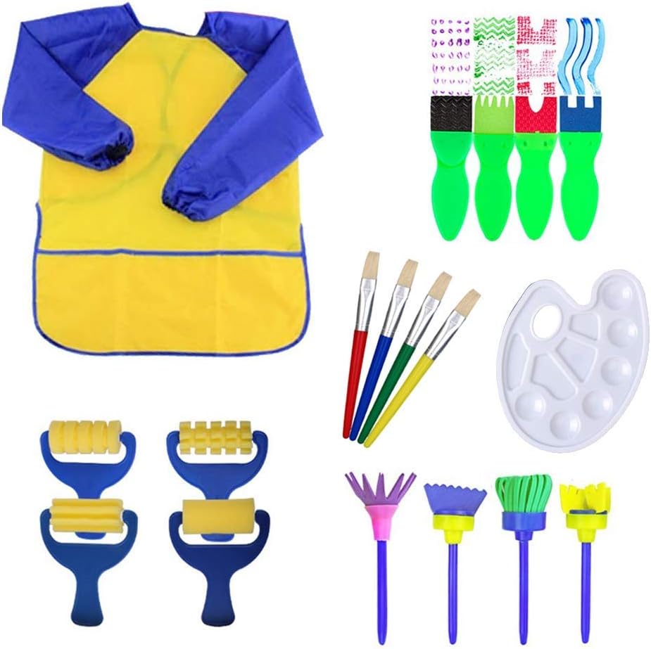 Abree Kid Painting Brushes Sponge Set,18pcs Art Craft DIY Drawing Tools Set with Palette and Apron Painting Tools for Children Doodle Early Learning
