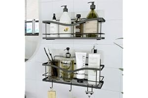 Shower Shelves 2-Pack - Self Adhesive Caddy with 4 Hooks - No Drill Large Capacity Stainless Steel Wall Shelf - Aesthetic Org