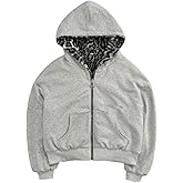 QJK Fleece Lined Leopard Print Zip Up Hoodie Jacket Casual Loose Fit Pocket Street Style Warm Comfortable Streetwear