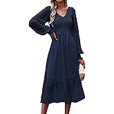 PRETTYGARDEN Women's Spring Dresses Long Sleeve V Neck Swiss Dot Empire Waist Chiffon Dress Ruffle Smocked Midi Dresses