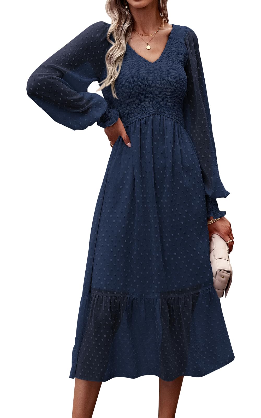 Photo 1 of PRETTYGARDEN Long Sleeve Smocked Fall Dresses for Women 2025 Ruffle Midi Dress Swiss Dot V Neck Wedding Guest Long Dresses (Navy,Small)