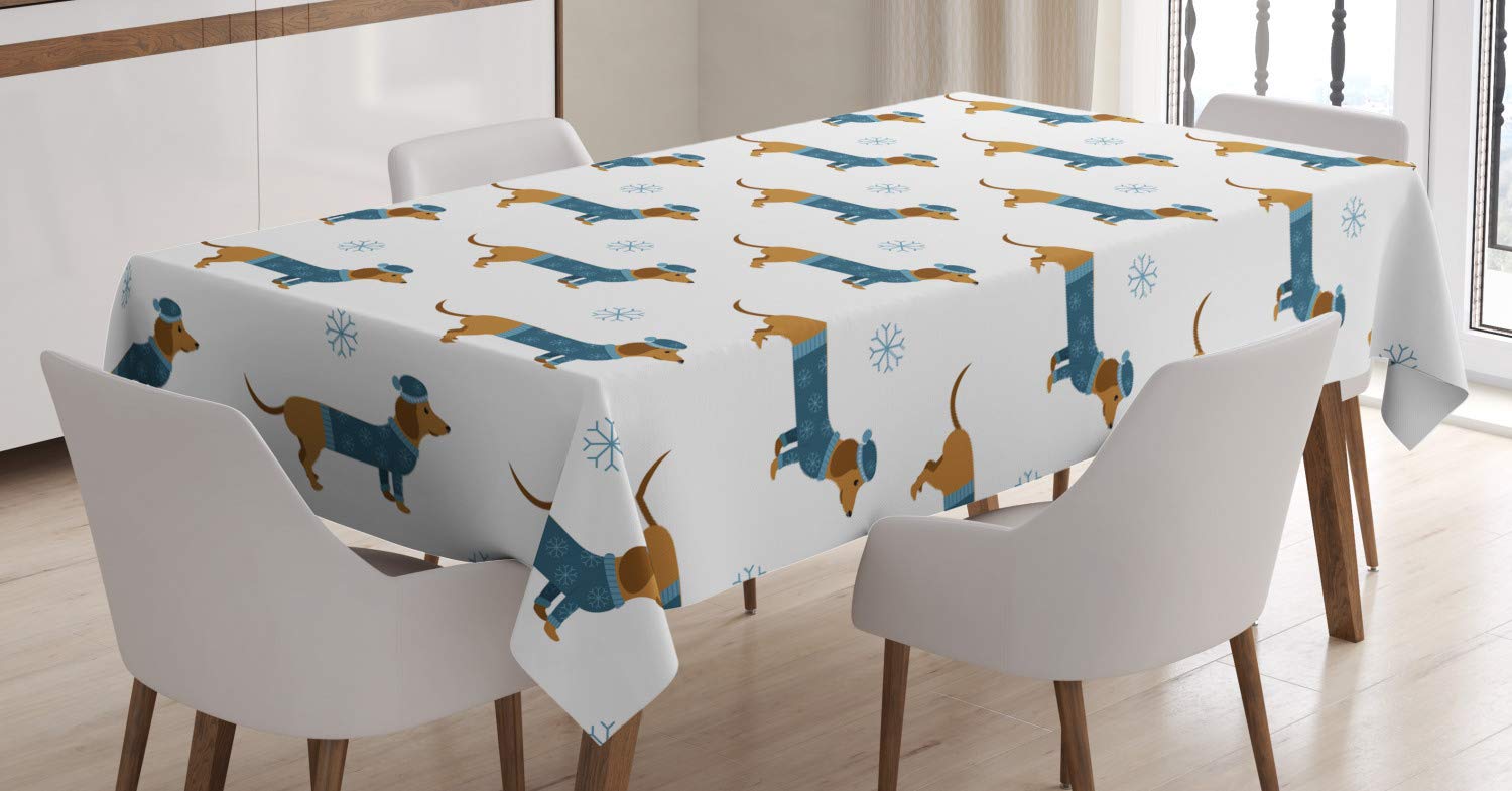 ABAKUHAUS Dachshund Tablecloth, Dog in Pullover Snowflake, Dining Room Kitchen Rectangular Table Cover, 54 W X 94 L, Ginger Dark Turquoise