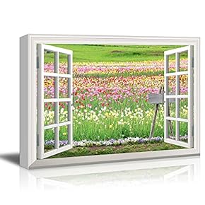 Window Peering into a Garden of Colorful Flowers
