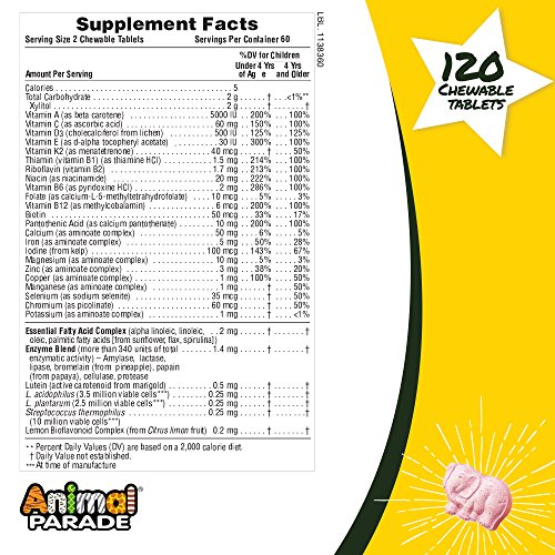 Natures Plus Animal Parade Source of Life Gold Childrens Multivitamin - Cherry Flavor - 120 Chewable Animal Shaped Tablets - Organic Whole Foods, Gluten Free, D3, K2, Immune Support - 60 Servings - Thumbnail 6