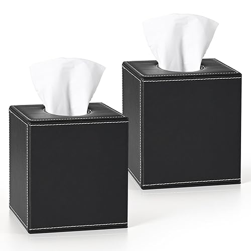 FrutPunch Tissue Holder, 2PCS Tissue Box Holder with Magnetic Bottom, Black Decorative PU Tissue Box Cover Square for Dresser, Nightstand, Table, Countertop, Home Office, Car